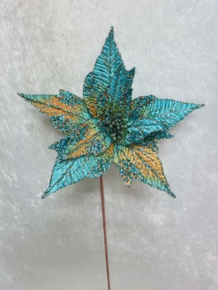 Ветвь-цветок Пуансеттия бирюзовая 64 см., 1 шт., Christmas De Luxe (86687) 