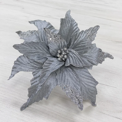Декоративный цветок Пуансеттия 28 см., серебро, на клипсе, Christmas De Luxe (83425-87299)